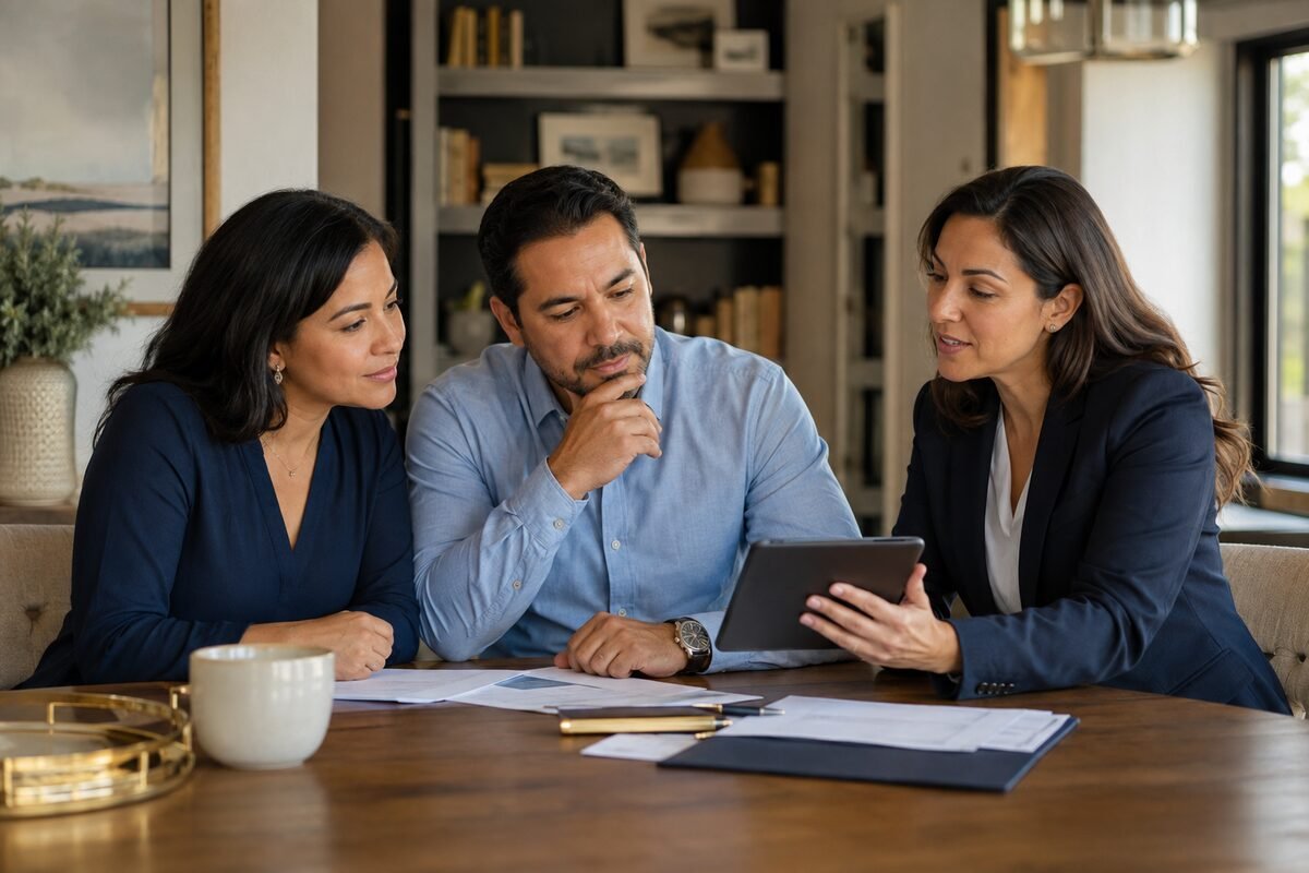 Couple comparing life insurance choices with an independent agent