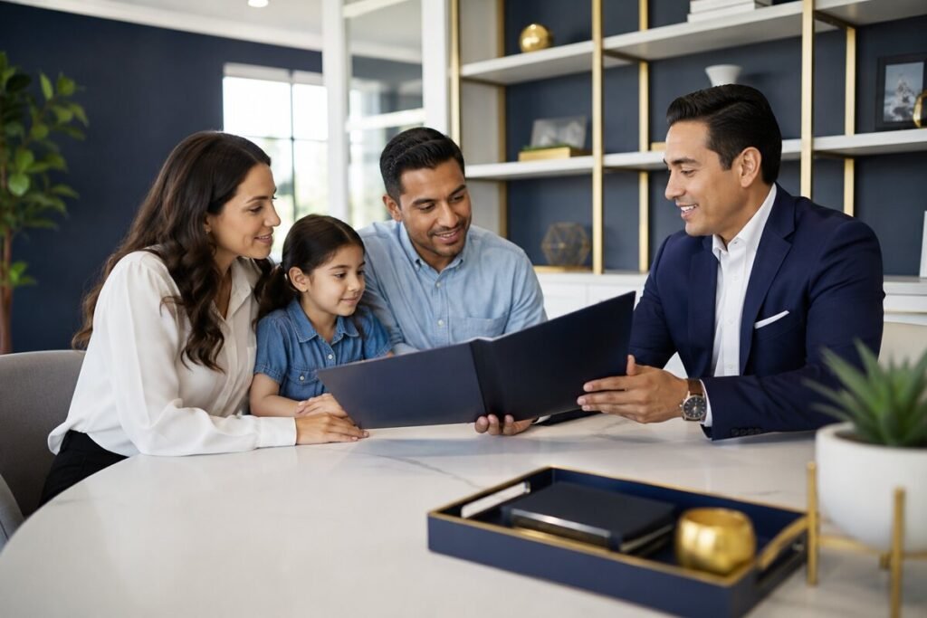 Family reviewing life insurance options with an insurance advisor