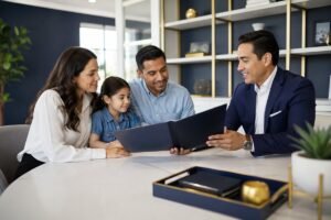 Family reviewing life insurance options with an insurance advisor