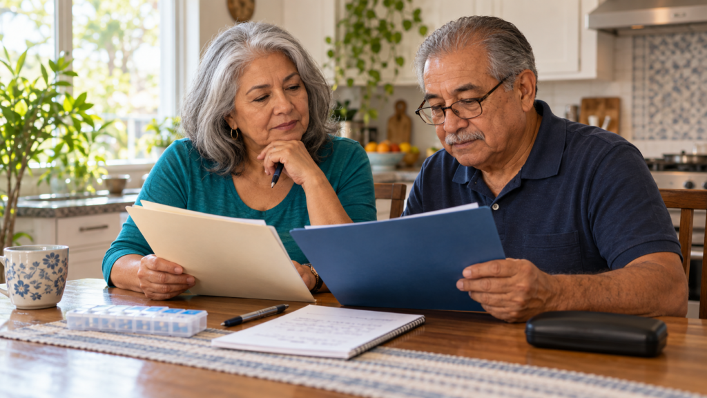 Older couple reviewing Medicare plan documents and a checklist at their kitchen table