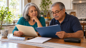 Older couple reviewing Medicare plan documents and a checklist at their kitchen table