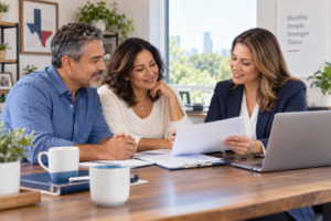 Couple reviewing health insurance options with an advisor