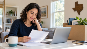 Woman reviewing health coverage paperwork at home beside a laptop and a box of office belongings