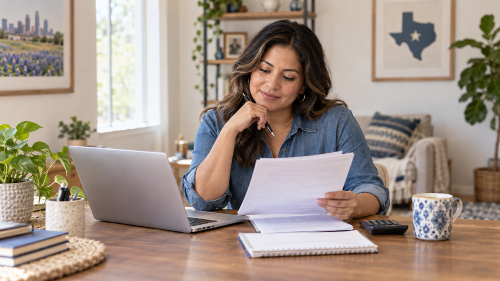 Self-employed business owner reviewing paperwork at a home-office desk