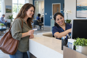 Woman checking her health insurance with a receptionist at a medical clinic