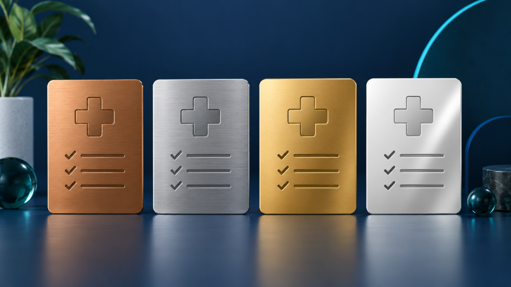 Four metallic cards representing Bronze, Silver, Gold, and Platinum health insurance plans