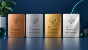 Four metallic cards representing Bronze, Silver, Gold, and Platinum health insurance plans