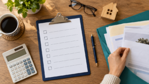 Open enrollment checklist with household paperwork, a calculator and a pen on a desk
