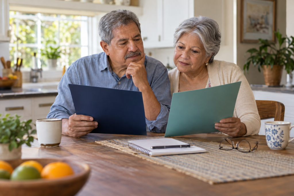 Older couple comparing two folders of Medicare coverage information at their kitchen table