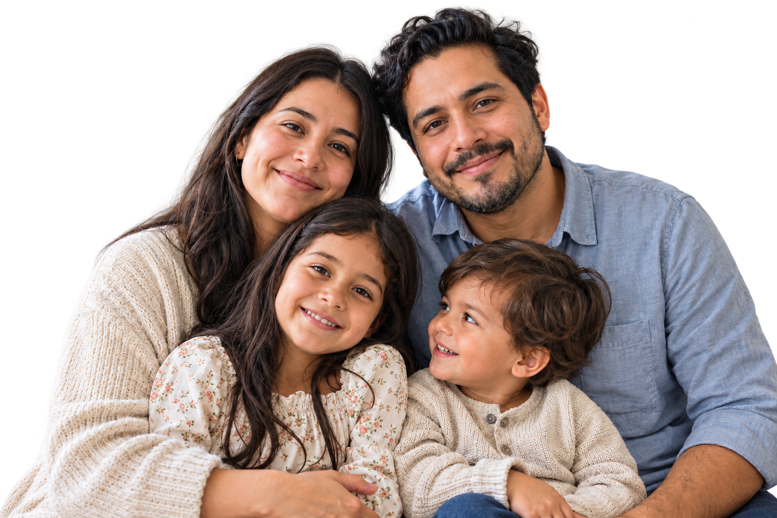 Parents and two children sitting closely together