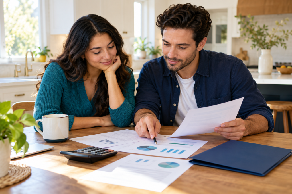 Couple reviewing health insurance costs and a household budget at home