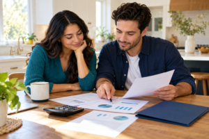Couple reviewing health insurance costs and a household budget at home